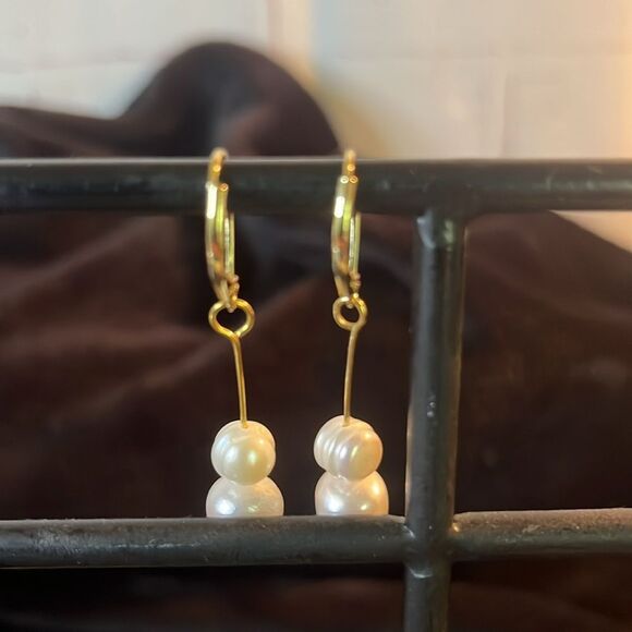 9-10mm Double Pearl Bar Dangle Earrings 14Yg/ 925 silver - Picture 4 of 7